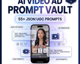 May include: A digital product titled AI VIDEO AD PROMPT VAULT 55+ JSON UGC PROMPTS by Can mama Digital. The graphic features a smartphone displaying a video of a person, surrounded by floating code snippets, icons, and labels like HIGH CTR HOOKS.