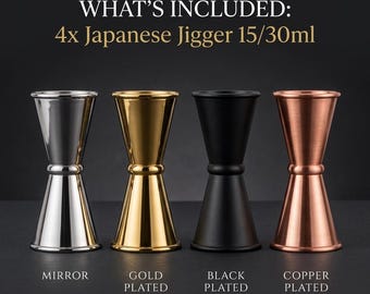 Japanese Jigger Set of 4 | 15/30ml Cocktail Measure in Gold, Black, Copper & Mirror | Bartender Gift