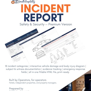 Può includere: Un documento bianco intitolato "INCIDENT REPORT" con testo arancione e blu. Il documento include sezioni per categorie di incidenti, diagrammi dei danni ai veicoli e documentazione dei testimoni. Progettato per hotel e gestori di proprietà.