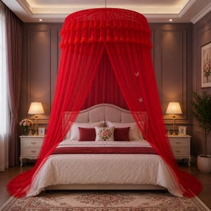 May include: A vibrant red circular bed canopy made of sheer, layered tulle fabric with a ruffled top edge. The canopy hangs from the ceiling, draping down to the floor around a bed, featuring small white butterfly accents on the side panels.