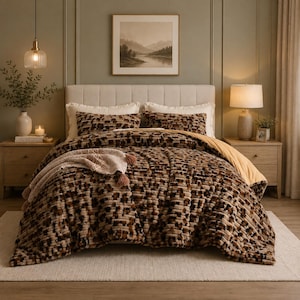 May include: A plush comforter set featuring a textured, brown and black animal print pattern. The set includes two matching rectangular pillows and a folded throw blanket with tassels, all arranged on a bed with a white upholstered headboard.
