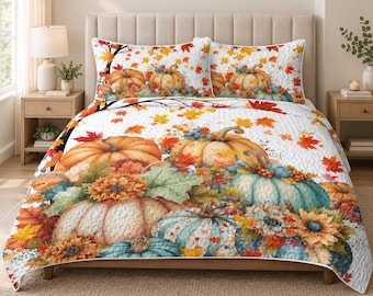Pumpkin Quilt Set, Queen Fall Bedding with Autumn Leaves and Floral Shams