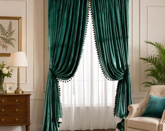 Antique Green Velvet Curtains, Pom Pom Trim Room Darkening Drapes