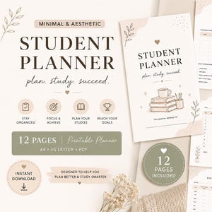 May include: Aesthetic student planner with the text "STUDENT PLANNER" and "plan, study, succeed." The planner includes 12 pages, with sections for exam planning, timetables, reading lists, and study plans. The design is minimalist with botanical accents.