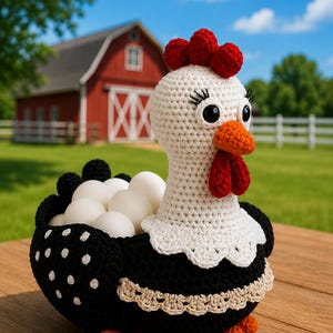 May include: A crocheted chicken-shaped basket featuring a white head, a red comb and wattle, and a black body with white polka dots. The basket is filled with several smooth white eggs and has a decorative beige lace trim around the base.