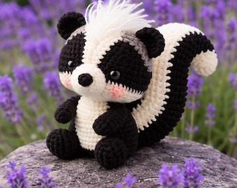 Schema PDF per realizzare all'uncinetto l'amigurumi di Stella la puzzola, un peluche a tema animale del bosco.