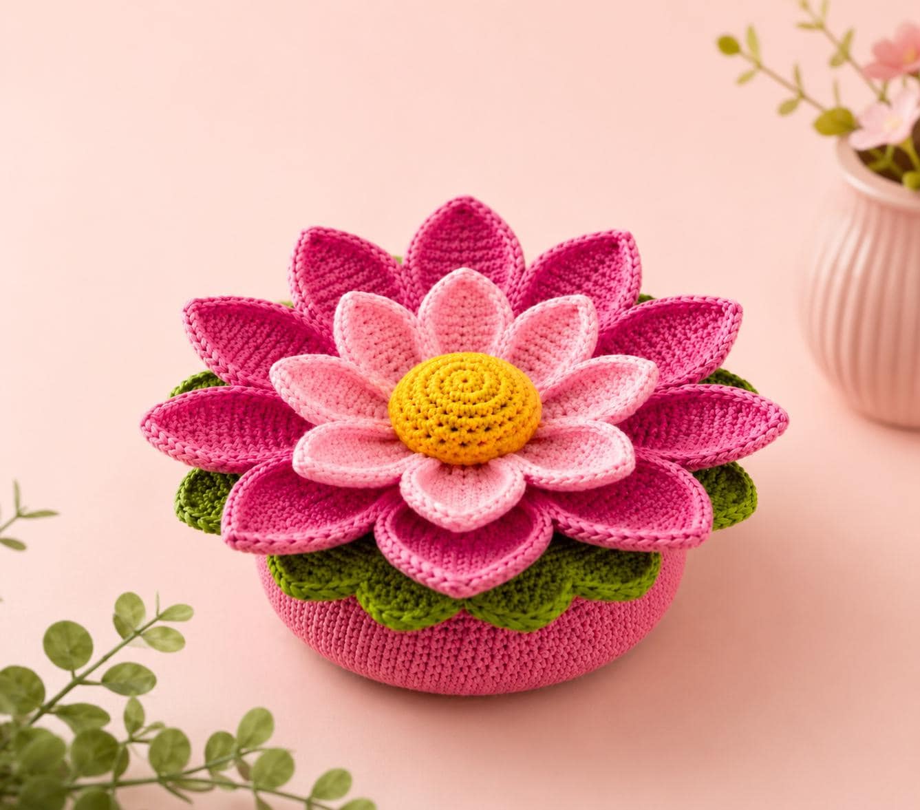 18 Lotus Flower Crochet Patterns for Beautiful Decor, Gifts, and Giftable Makes 4 Crochet Lotus Flower Pot Pattern Amigurumi Home Decor