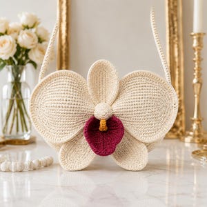 May include: A crochet handbag shaped like an orchid flower. The bag features large, cream-colored petals with a deep magenta center and a small yellow accent. It has a matching cream-colored strap and is constructed with a dense, textured stitch pattern.
