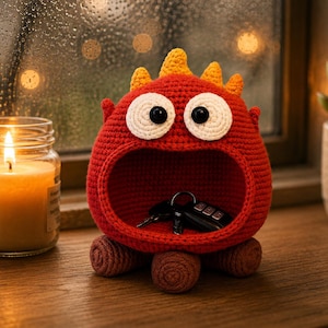 May include: A red crochet monster organiser with a wide open mouth, yellow spikes on top, and large white eyes with black pupils. The creature has three brown rounded feet and contains a set of black metal keys inside its hollow mouth area.