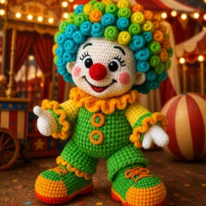 May include: A crocheted clown doll featuring a vibrant, multi-colored curly wig in shades of blue, green, yellow, and orange. The doll has a white face, a red nose, a green jumpsuit with orange buttons, and yellow-trimmed green shoes.