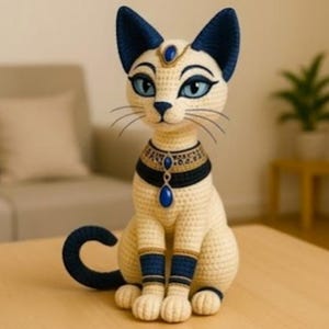 May include: A cream-coloured crocheted cat figurine with dark blue ears, tail, and leg bands. The cat wears a wide, dark blue and gold collar with a central blue teardrop pendant and a matching blue gem on its forehead, featuring detailed stitching.