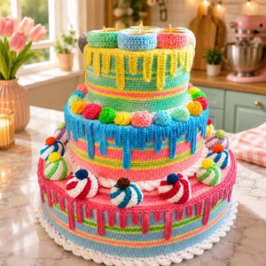 Op de afbeelding: Een gehaakte taart met drie lagen en horizontale strepen in roze, blauw, groen en geel. De taart is versierd met gehaakte glazuurdruppels, kleurrijke pompons en kleine gehaakte cupcakes. De bovenste laag bevat vier kleine ronde kaarsjes.