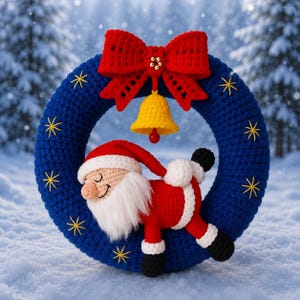 May include: A circular blue crochet wreath decorated with yellow embroidered stars. A large red crochet bow with gold beads sits at the top, suspending a yellow crochet bell. A small crochet Santa Claus figure is attached to the bottom of the wreath.