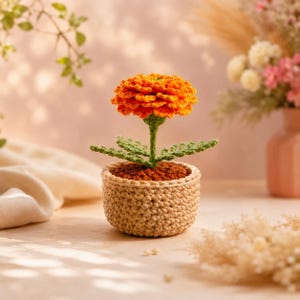 Patrón de amigurumi de maceta de caléndula a crochet / Tutorial para decoración de escritorio (PDF)