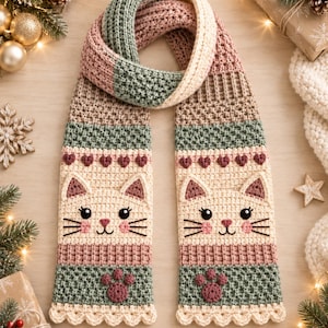May include: A crochet scarf featuring a color-blocked design in sage green, cream, and dusty rose. The scarf displays two identical cat faces with embroidered eyes, whiskers, and pink noses, along with small heart and paw print accents.