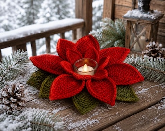 Knitted Poinsettia Tealight Holder Pattern, Christmas Flower Decor