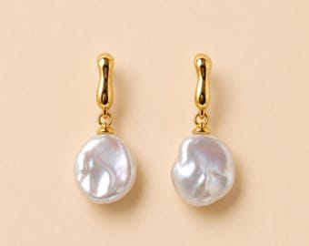 Keshi Pearl Drop Earrings, Gold Freshwater Pearl, Minimalist Baroque Dangle
