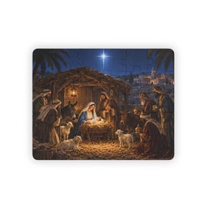 May include: A rectangular jigsaw puzzle depicting a nativity scene at night. The image shows a stable with a bright star above, featuring figures of people, a donkey, a cow, and sheep surrounding a newborn in a manger filled with hay.