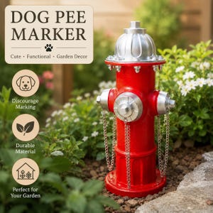 May include: A bright red fire hydrant garden ornament with a silver-colored top and side caps. The hydrant features silver chains hanging from the side ports. Text on the image reads: DOG PEE MARKER, Cute, Functional, Garden Decor, Discourage Marking, Durable Material, Perfect for Your Garden.