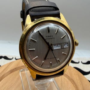 Vintage Timex Viscount Mens Watch 37mm Brown Dial Gold Tone Day Date Automatic Viscount Timex - Etsy main image 4