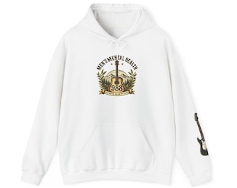 Mental Health Awareness Hoodie | 988 Hotline Support, Guitar Sleeve Accent