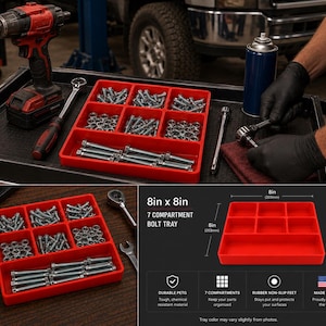 May include: A red 8 inch by 8 inch by 1.35 inch bolt tray with 7 compartments for organizing hardware. The tray is shown filled with various metal bolts and nuts, and includes a diagram labeling the dimensions and features like rubber feet.