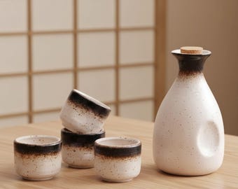 Pottery Sake Set with 4 Cups, Japanese Style Tokkuri Bottle, 5 Piece Sake Drinkware Set