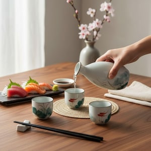 Ceramic Sake Set, Japanese Inspired Sake Set, Sake Gift Set with Tokkuri Bottle & 4 Ochoko Cups, Goldfish Rice Wine Serving Se