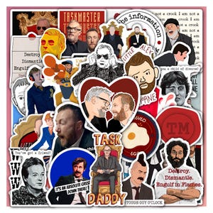 May include: A collection of stickers featuring various Taskmaster show personalities, quotes, and iconic imagery, including a central heart-shaped sticker with two men, a Task Daddy throne graphic, and text like Destroy, Dismantle, Engulf in Flames.