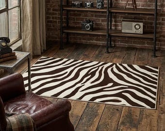 Brown Zebra Print Washable Rug | Animal Print Floor Mat