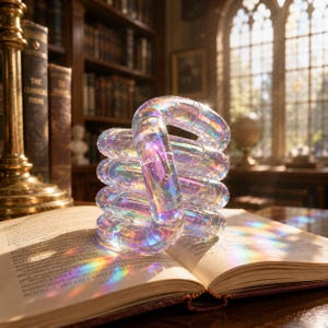May include: A translucent, iridescent fidget toy composed of interconnected, curved cylindrical segments. The object displays a shifting spectrum of colors, including pink, blue, and gold, and is positioned on an open book with visible text.