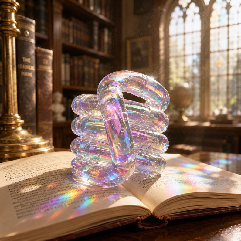 May include: A translucent, iridescent fidget toy composed of interconnected, curved cylindrical segments. The object displays a shifting spectrum of colors, including pink, blue, and gold, and is positioned on an open book with visible text.