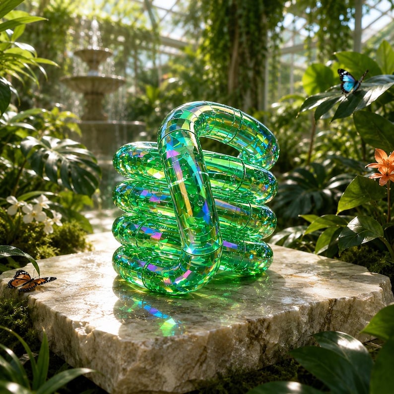 May include: A translucent, iridescent green sculpture formed from a continuous, coiled tube. The object features a reflective, holographic surface that shifts in color, creating a vibrant, multi-layered circular structure with a smooth, glossy finish.