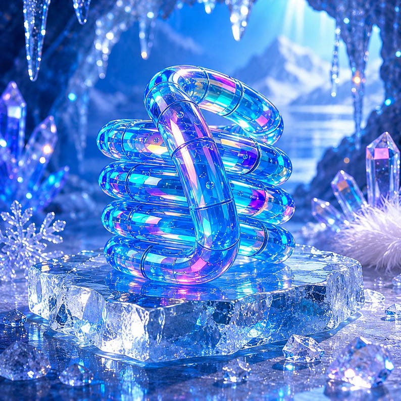 May include: A translucent, iridescent, segmented plastic tube toy coiled into a spiral shape. The toy features a glossy, multi-colored finish that shifts between shades of blue, purple, and pink, reflecting light across its curved, hollow surface.