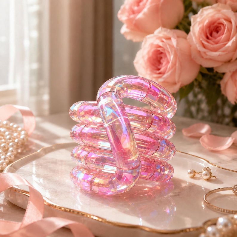 May include: A translucent, iridescent pink fidget toy composed of interconnected, curved cylindrical segments. The material has a glossy, reflective finish that shifts in color, creating a shimmering effect across its coiled, sculptural form.