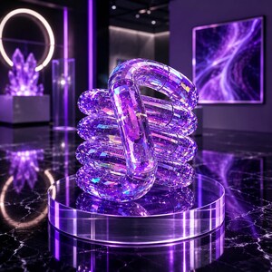 May include: A sculpture composed of interconnected, translucent purple cylindrical segments with a faceted, reflective surface. The object is arranged in a coiled, continuous loop shape and rests on a clear, circular pedestal base.
