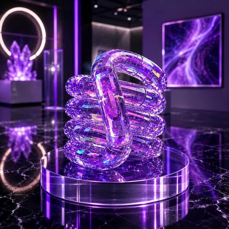 May include: A sculpture composed of interconnected, translucent purple cylindrical segments with a faceted, reflective surface. The object is arranged in a coiled, continuous loop shape and rests on a clear, circular pedestal base.