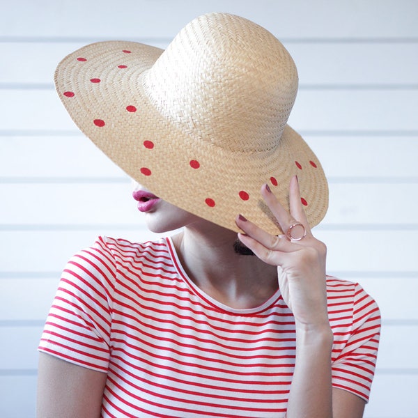 Vintage hand painted natural beige straw red polka dot wide brim summer sun floppy hat