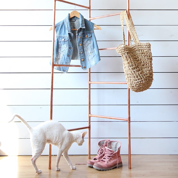 Handmade industrial copper rose gold tone clothes double frame rack minimalist interior convertible ladder corner stand clothing hanger