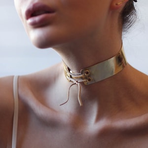 Handmade shiny gold tone leather wide neck strap lace up choker ribbon necklace image 1