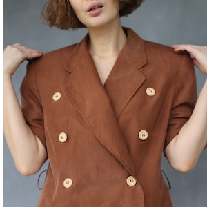 Vintage Braun Seide Kurzarm Blazer Bluse Top