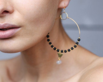 Handmade black lava dusty grey quartz gemstone gold tone hoop large long dangle earrings