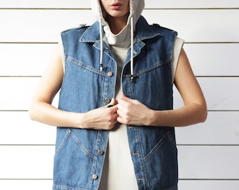 Unisex vintage blue denim sleeveless jacket casual biker style vest M