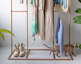 Handmade minimalist interior oak wood copper clothes hanger display frame rack wardrobe storage stand rail