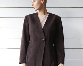 MARIMEKKO vintage brown textured pinstripe minimalist style blazer jacket L