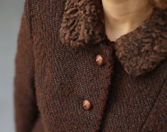 Vintage thick brown wool fur collar winter blazer jacket