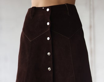 70s vintage brown thick suede leather A line flared ankle length midi skirt S
