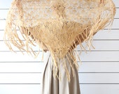 Vintage peanut brown beige wool crochet triangle shawl wrap scarf