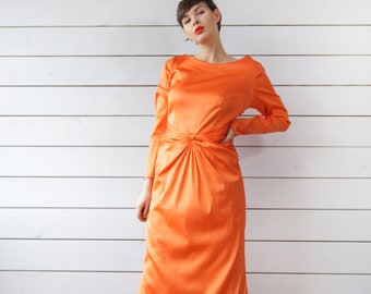 Vintage bright orange long sleeve fitted gathered waist evening prom maxi dress M