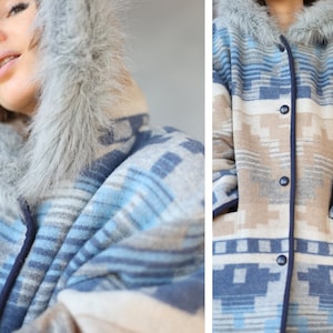 Vintage ikat style wool faux fur trim hood warm winter jacket coat